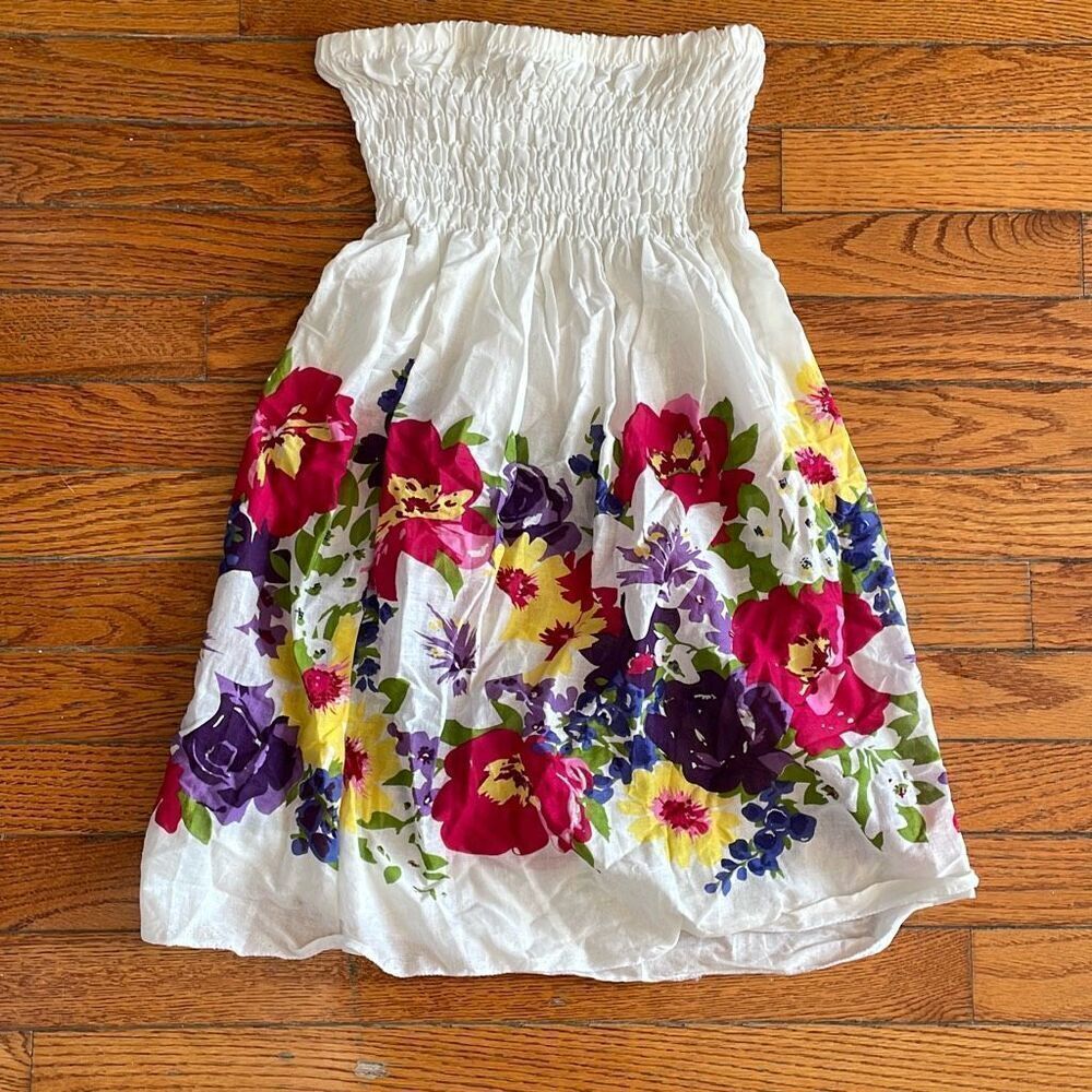 White rainbow colorful floral flower print strapless mini summer dress size XS-S